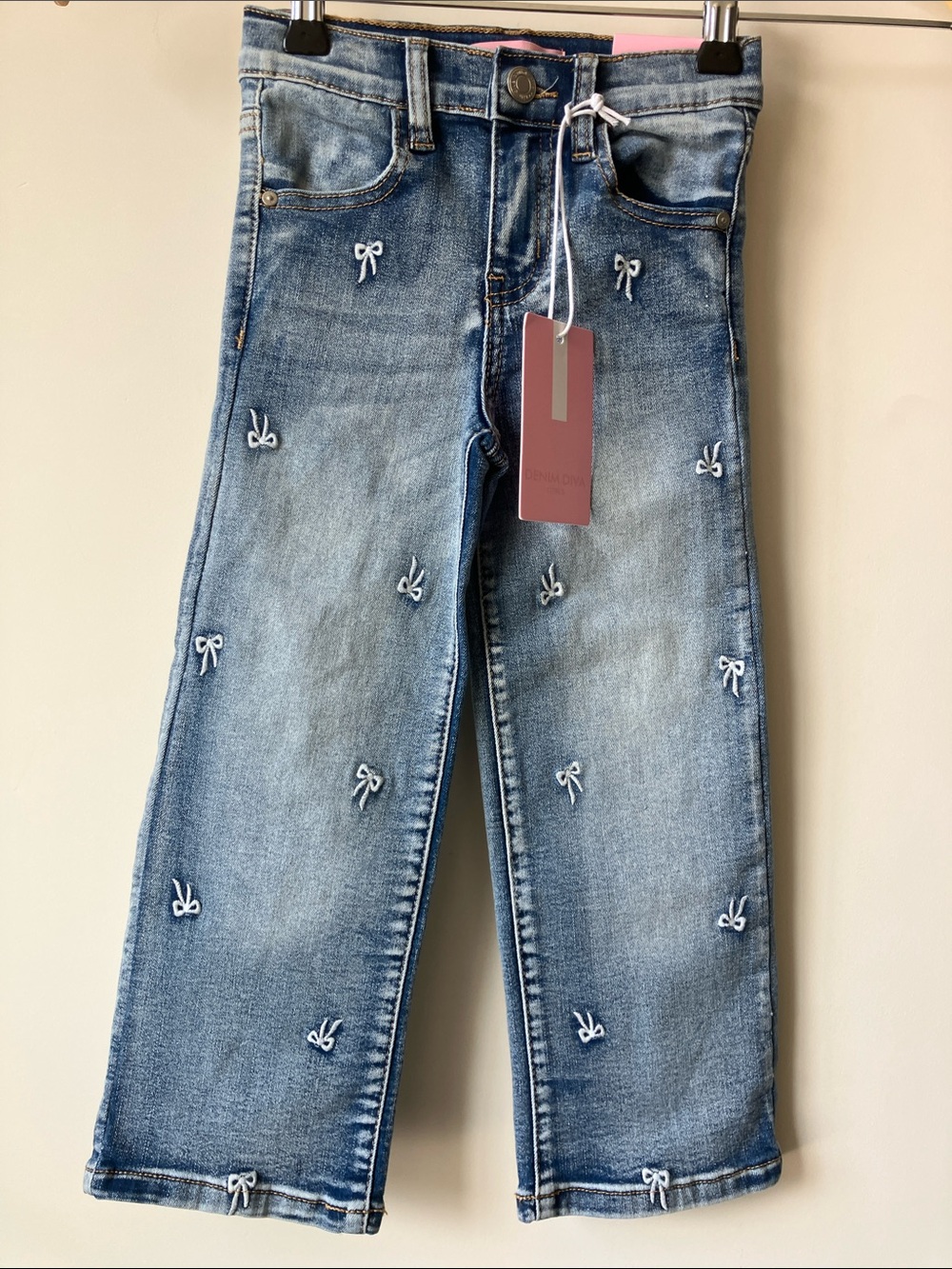 DENIM DIVA Wide Leg Blue Jeans Embroidered White Bows CUTE! Girl’s Size 4 NWT